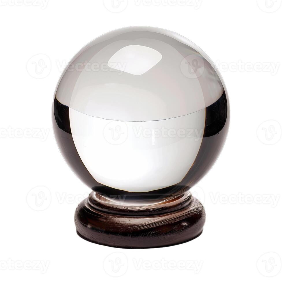 Crystal ball sitting on wooden stand reflecting light photo