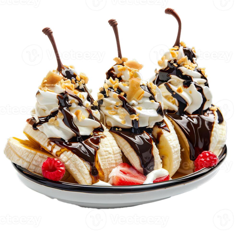 Three banana splits being served on a plate with chocolate and strawberries photo