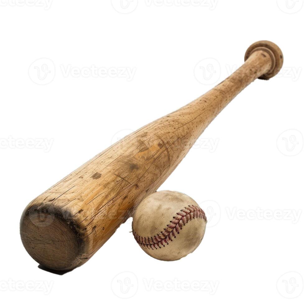 Old worn wooden baseball bat laying next to baseball on white background photo