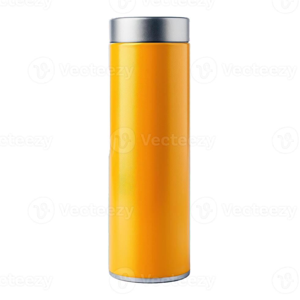 Yellow reusable water bottle isolated on white background photo