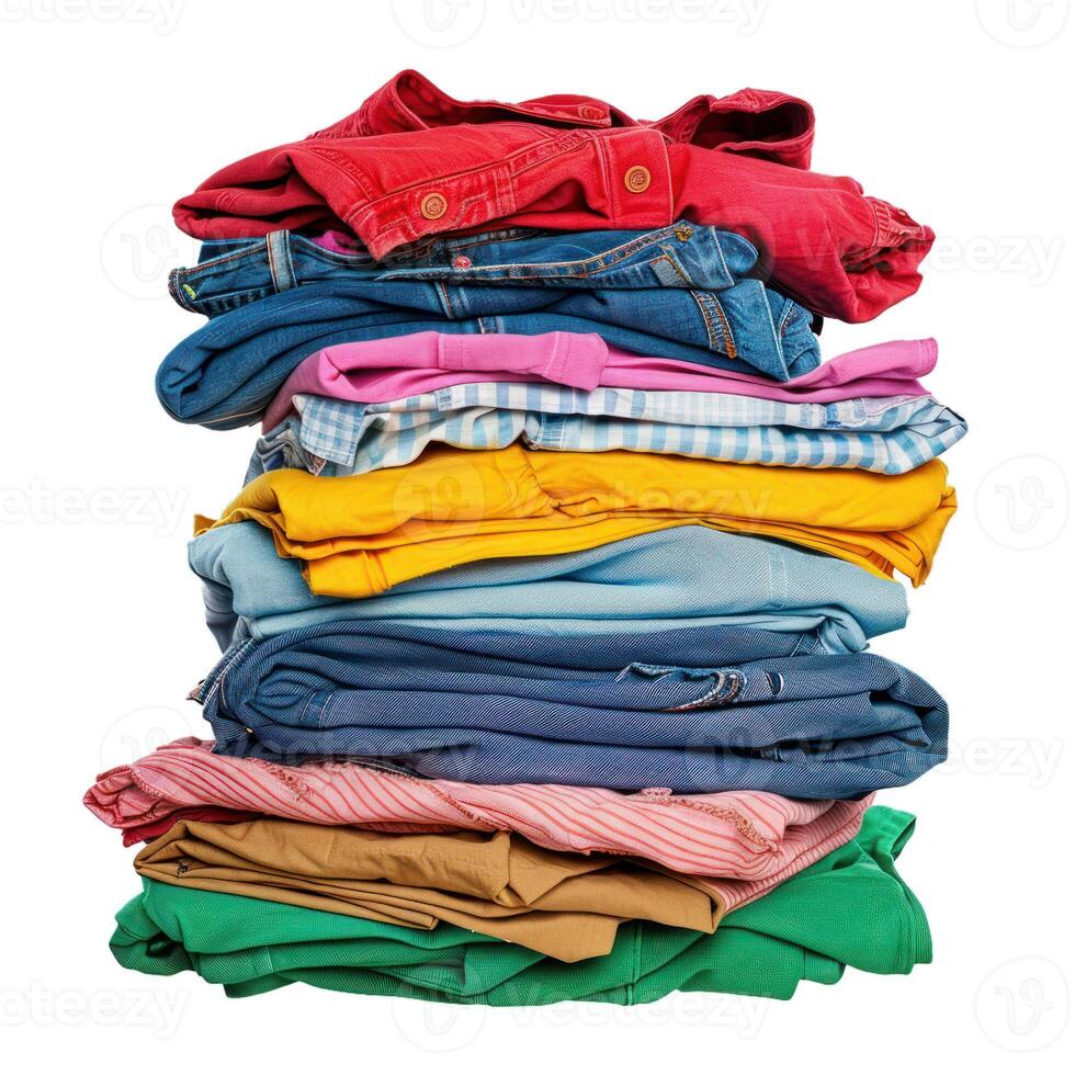Stack of colorful clothes representing laundry day photo