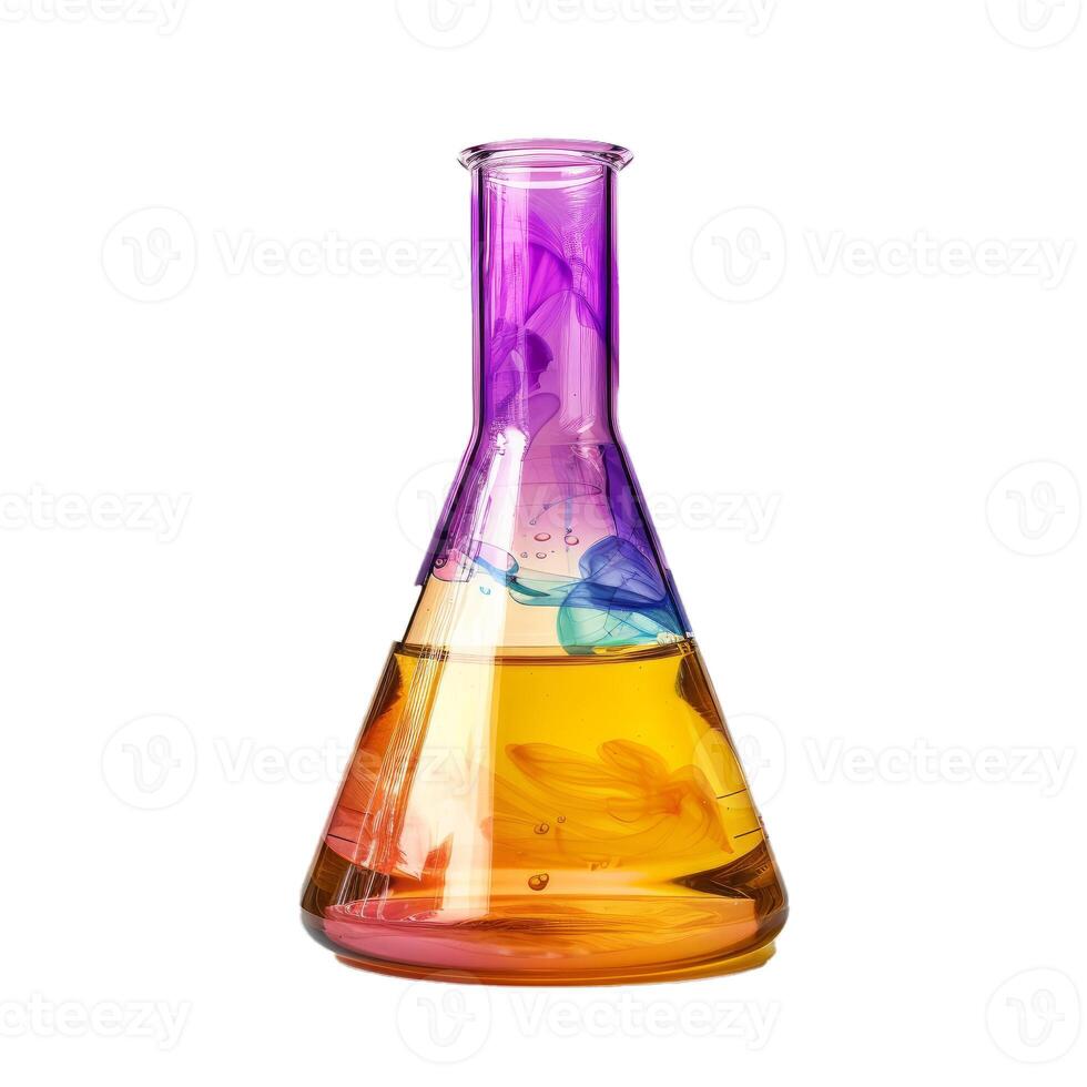 Conical flask containing colorful chemical liquid on white background photo
