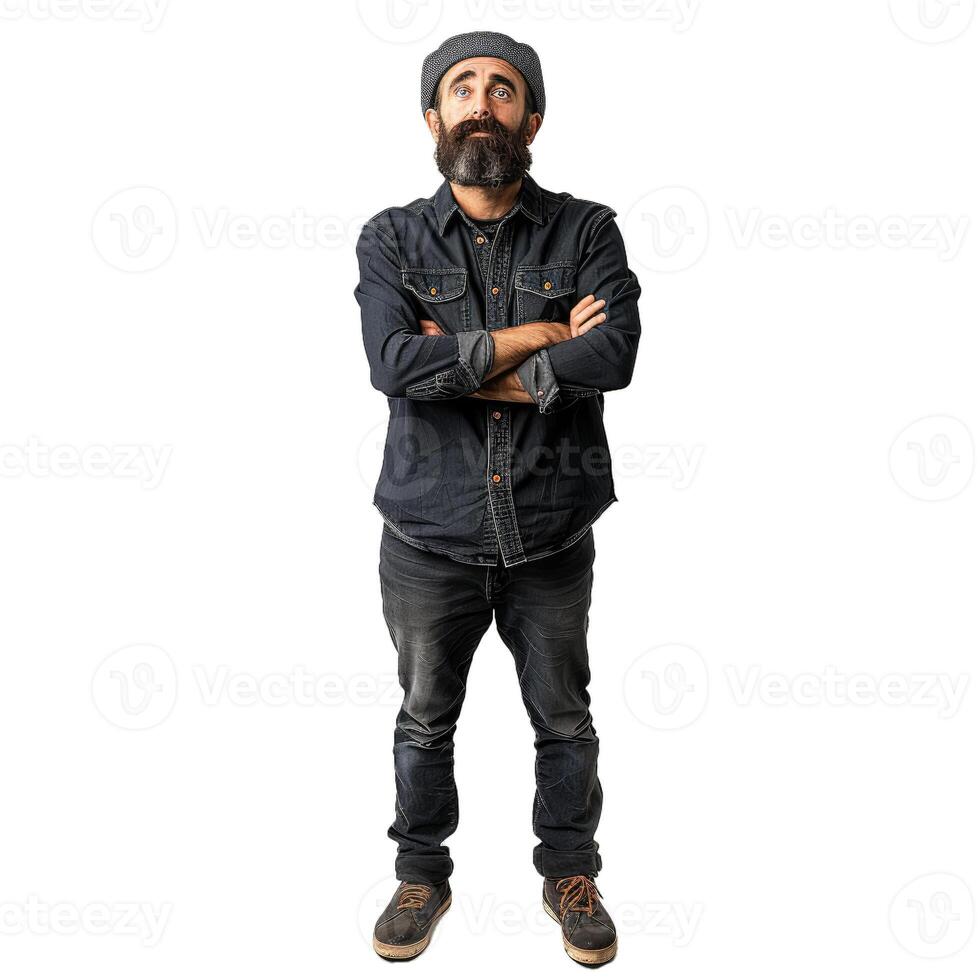 Pensive man with beard and beanie looking up with folded arms photo