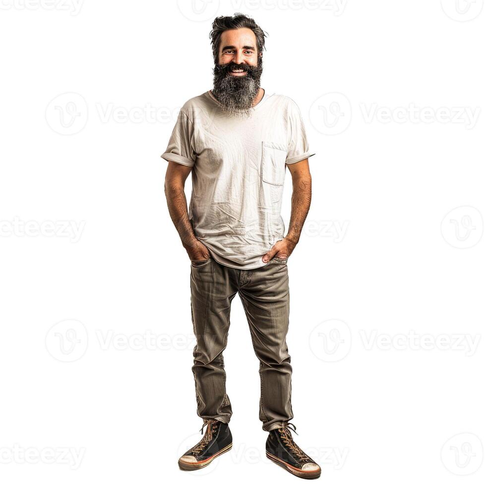 Handsome bearded man smiling with hands in pockets photo