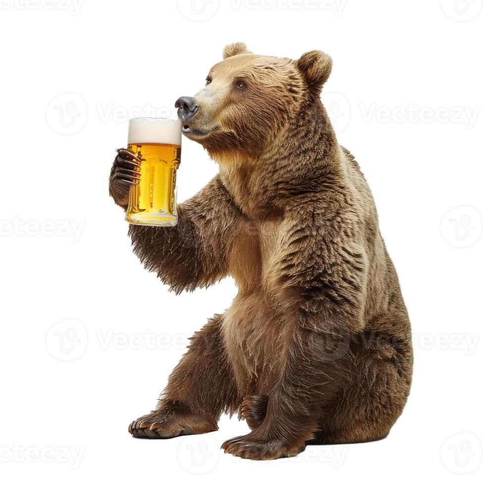 Brown bear holding glass of beer on white background photo