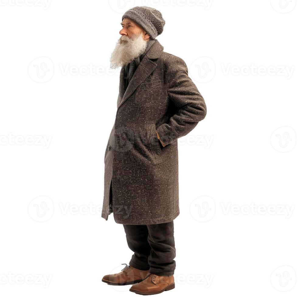 Senior man with long white beard wearing winter coat is standing and waiting photo