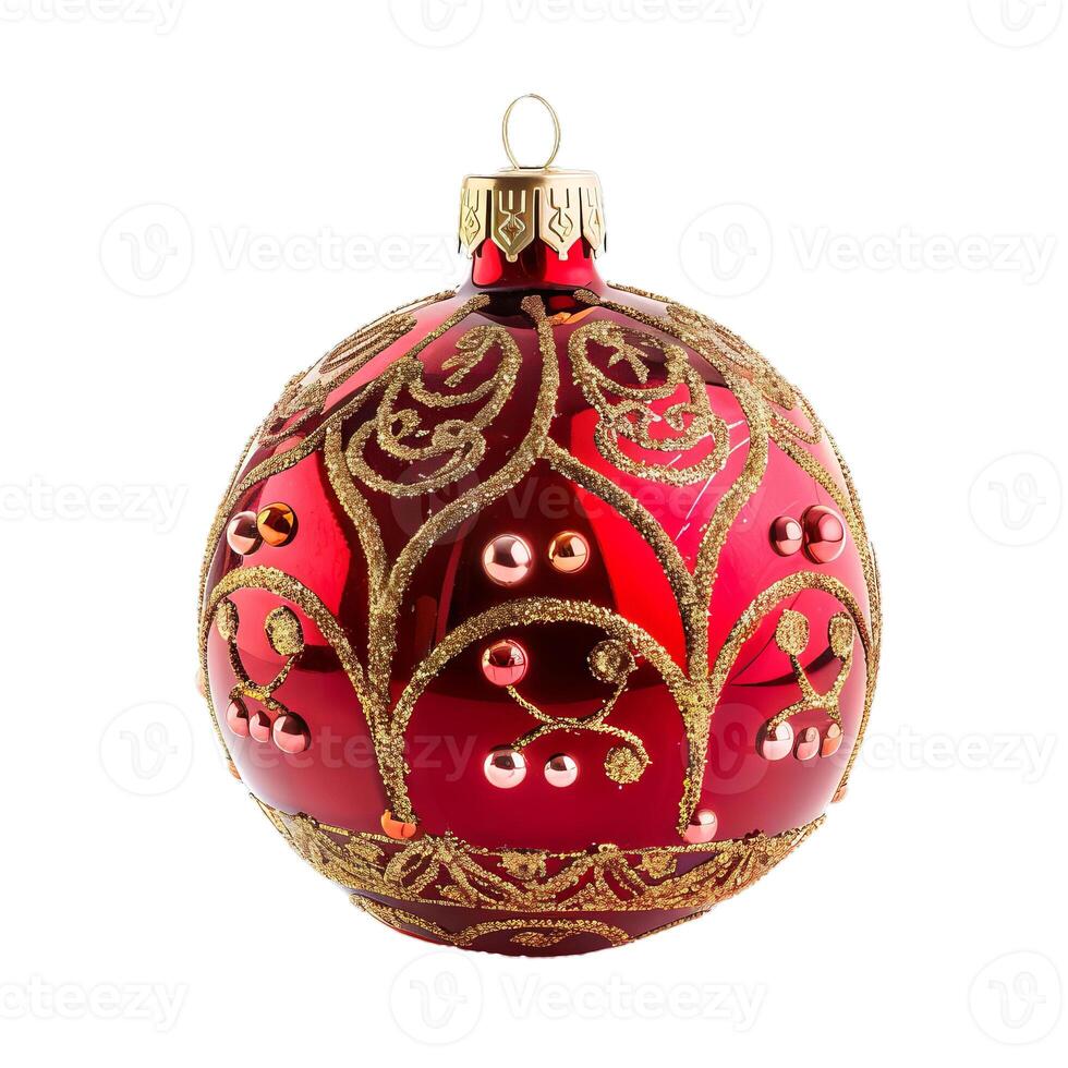 Red christmas bauble with golden glitter ornamentation hanging on a white background photo