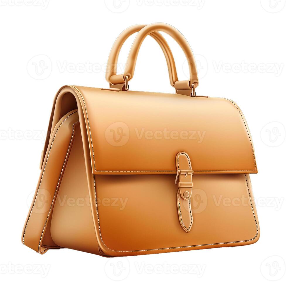 Elegant brown leather handbag standing upright on white background photo