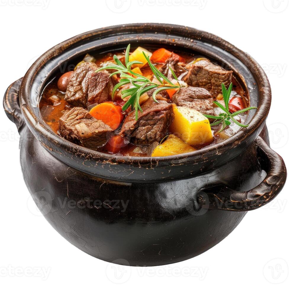 Delicious beef stew with vegetables simmering in rustic clay pot photo