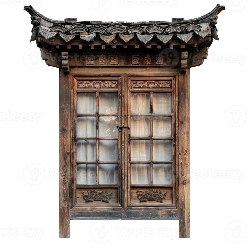 Traditional chinese wooden window with curved roof isolated on white background photo