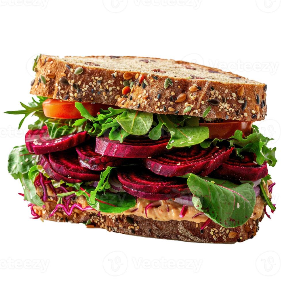 Delicious vegan sandwich with beetroot and hummus on whole grain bread photo