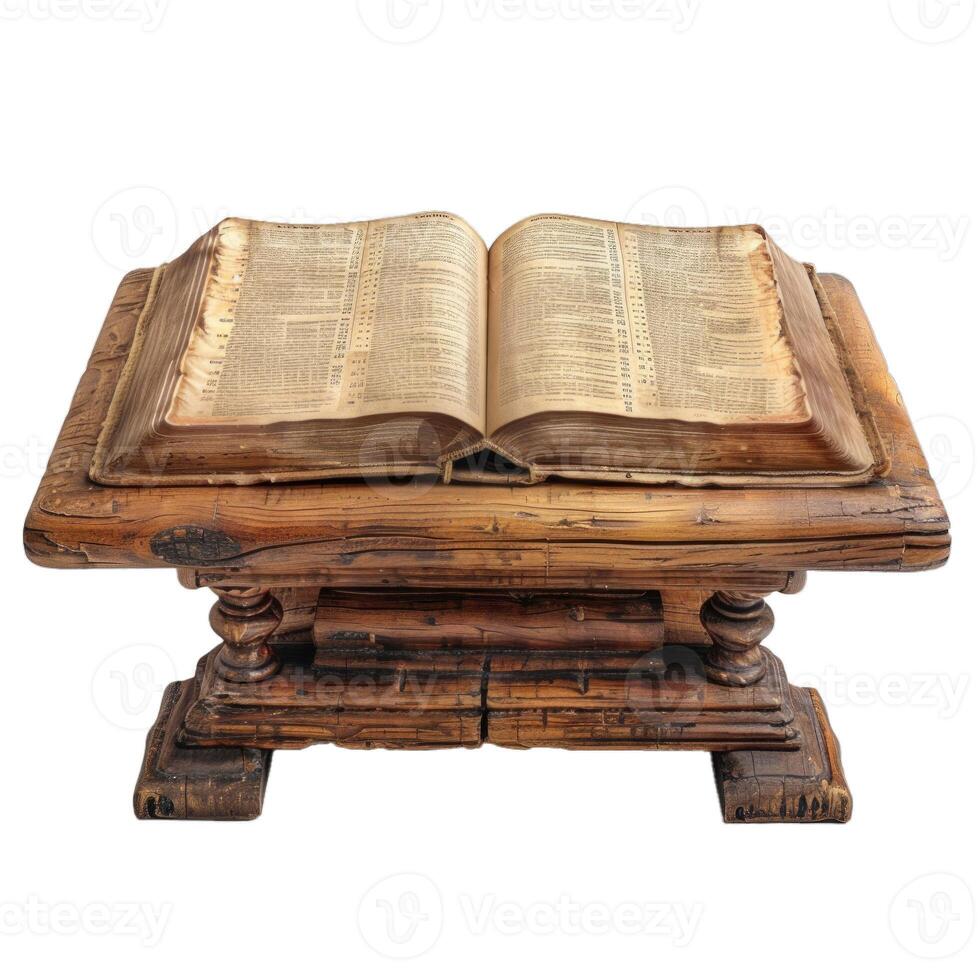 Antique open book on carved wooden stand displaying wisdom photo