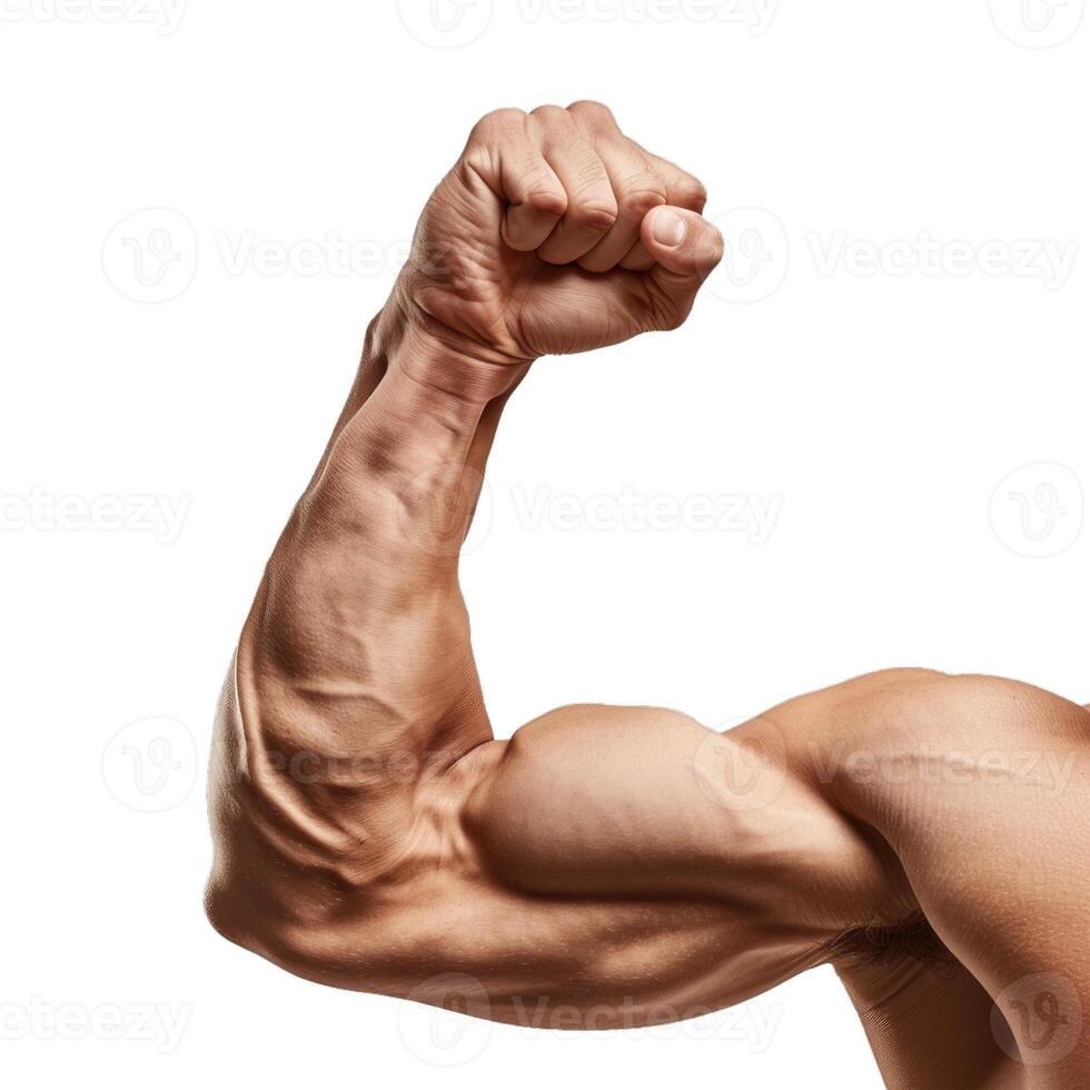 Strong male arm showing biceps and tight fist on white background photo