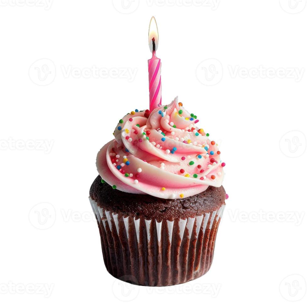 Chocolate birthday cupcake with lit candle and pink frosting on white background photo