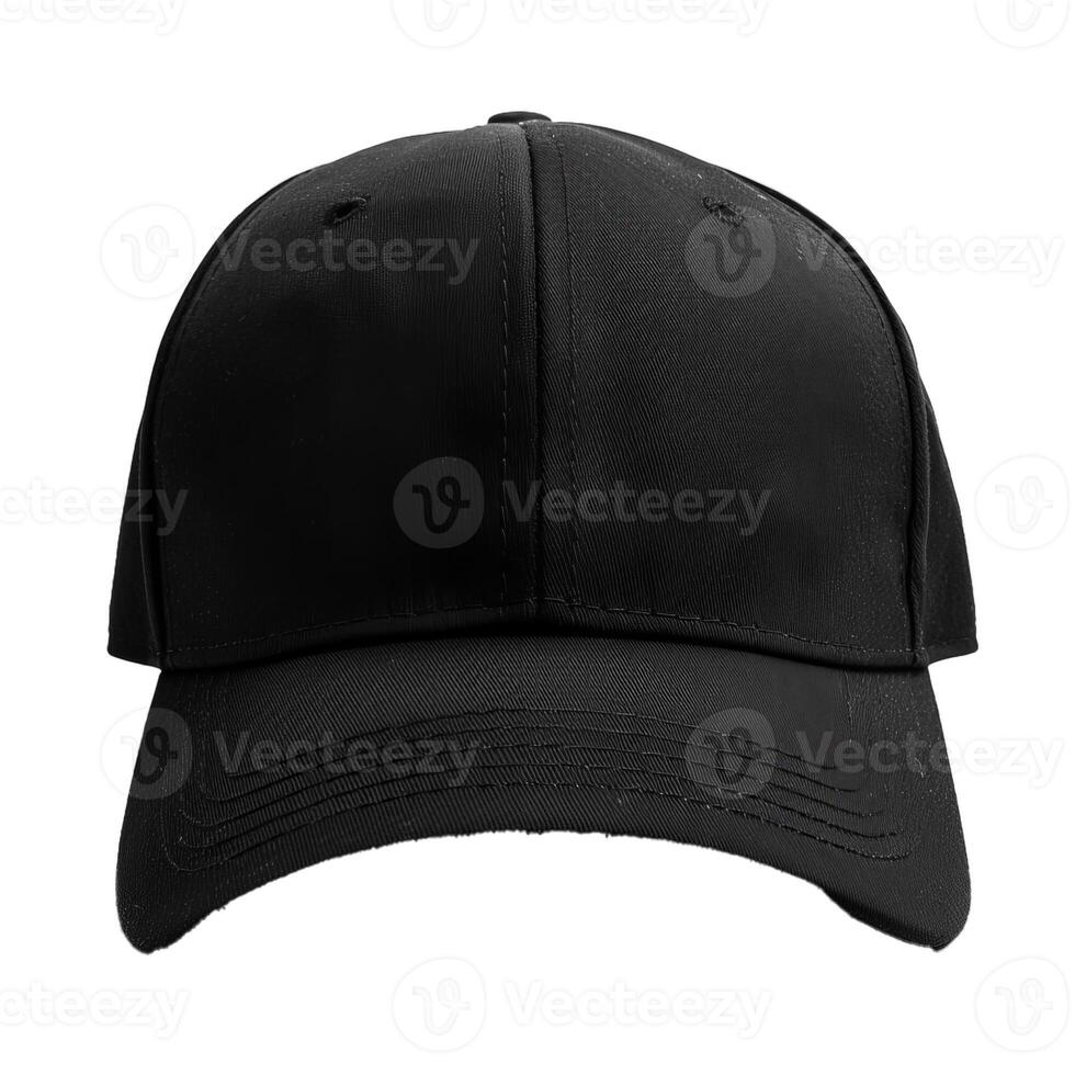 Black baseball cap isolated on white background showing front view photo