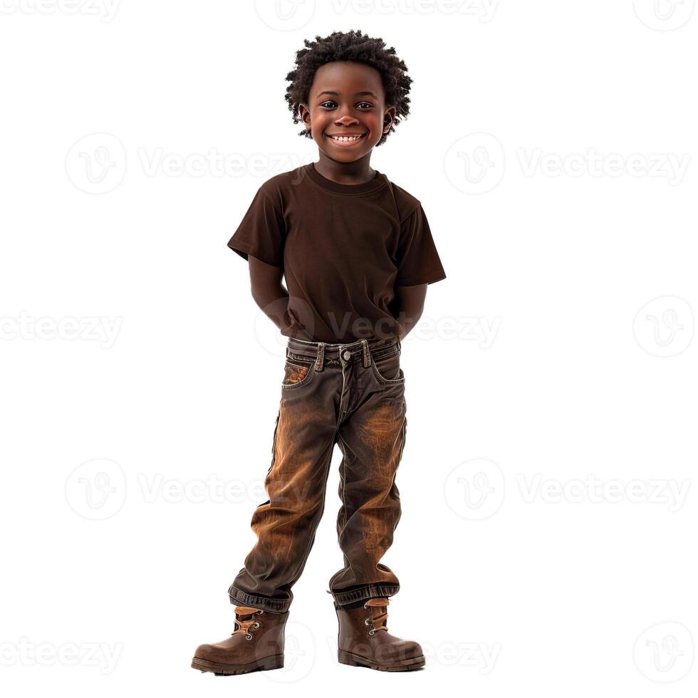 Young boy wearing brown shirt and pants standing with hands behind back photo