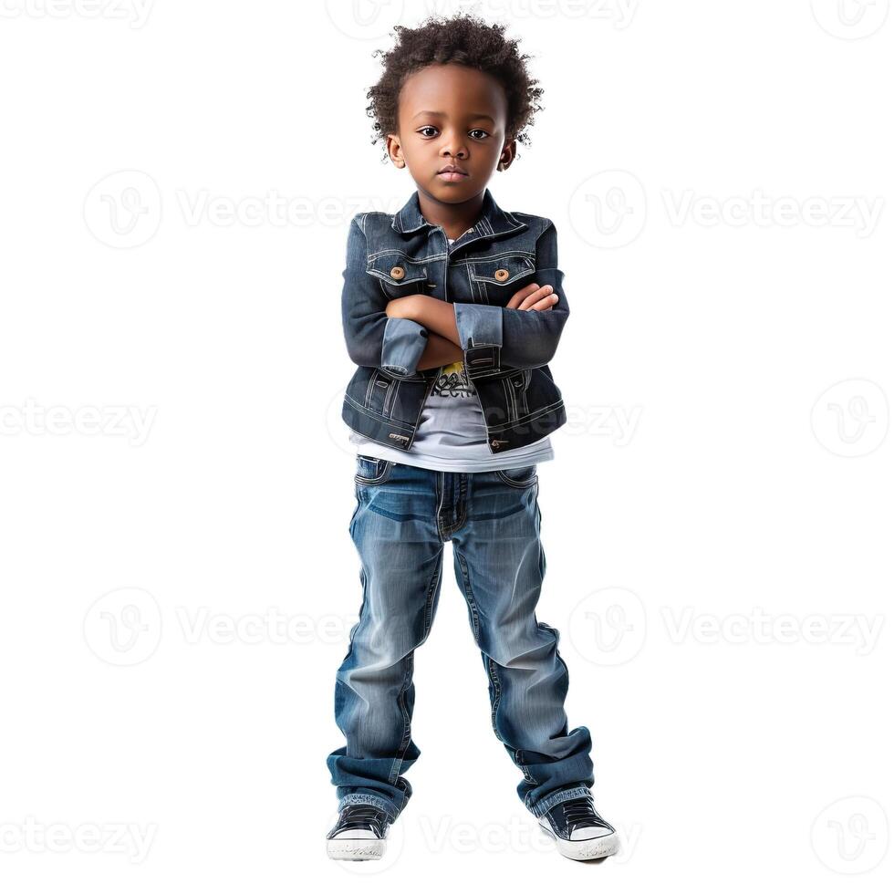 Young boy crossing his arms while standing against white background photo