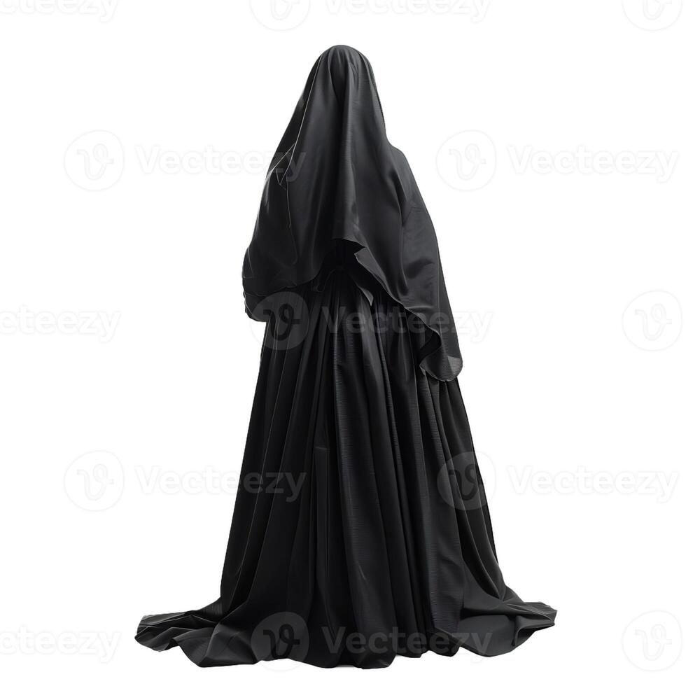 Person wearing black abaya and niqab standing with back turned photo