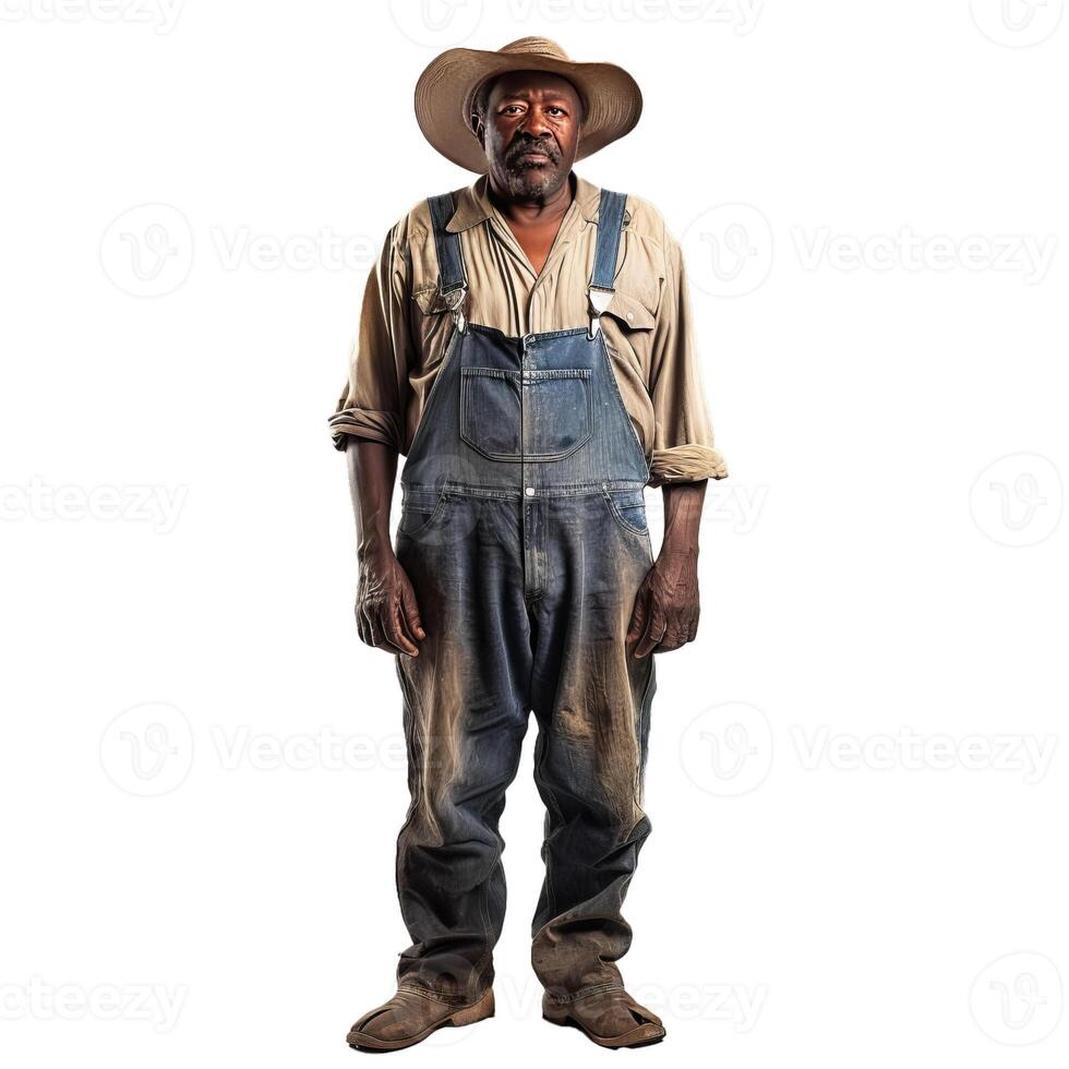 Senior african american farmer wearing overalls and straw hat standing posing for camera photo