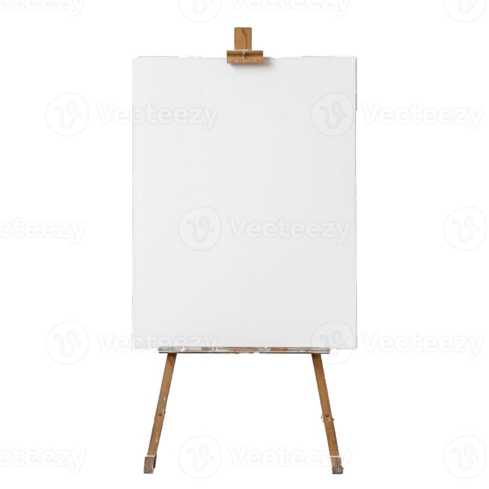 Wooden easel with blank canvas standing on white background photo