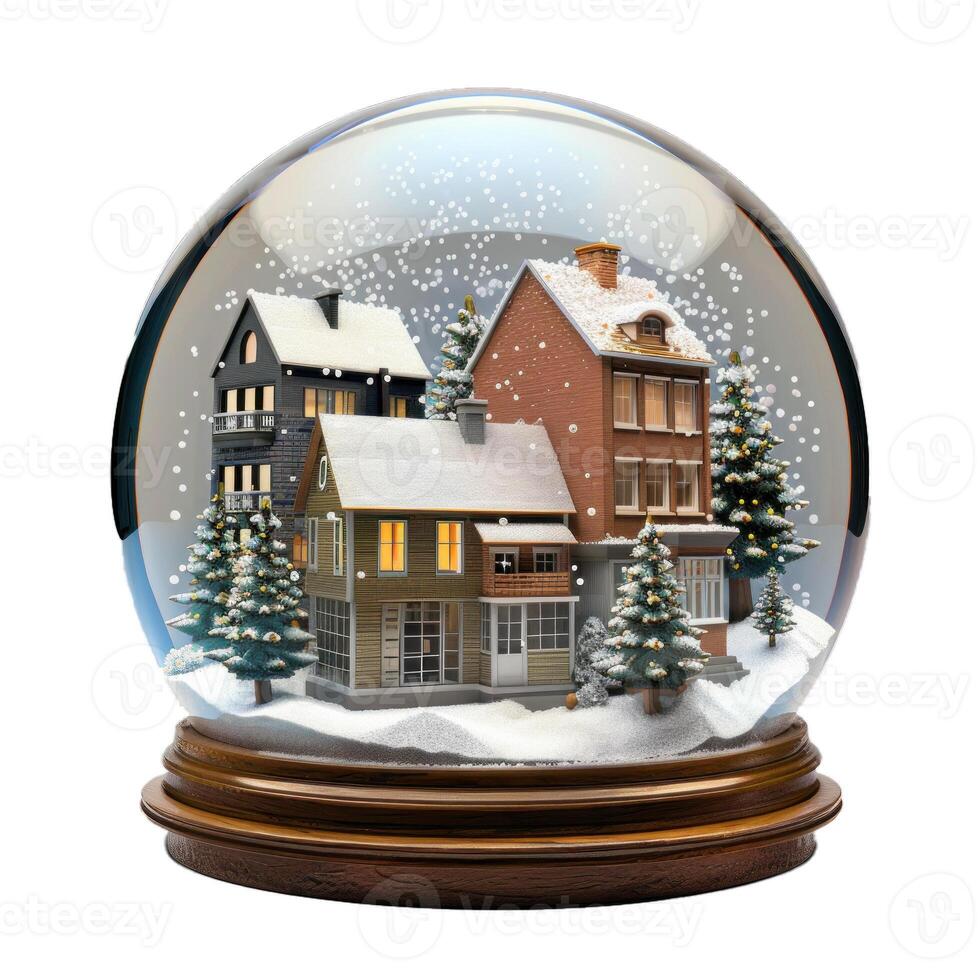 Snow falling on cozy houses in christmas snow globe photo