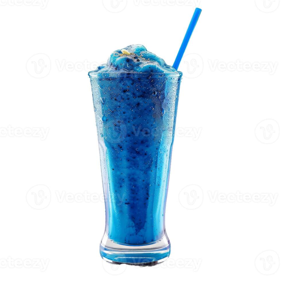Blue lagoon cocktail standing on white background with condensation photo