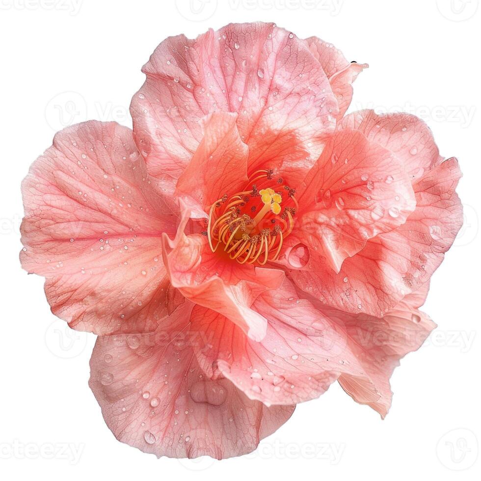 Close up of blooming pink camellia flower with water droplets photo