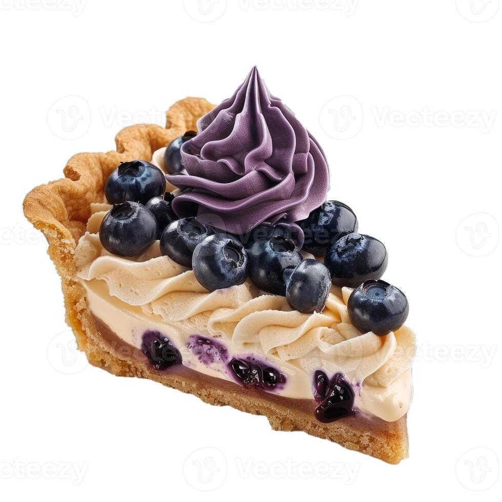 Delicious blueberry pie slice with cream decorated with fresh berries on white background photo