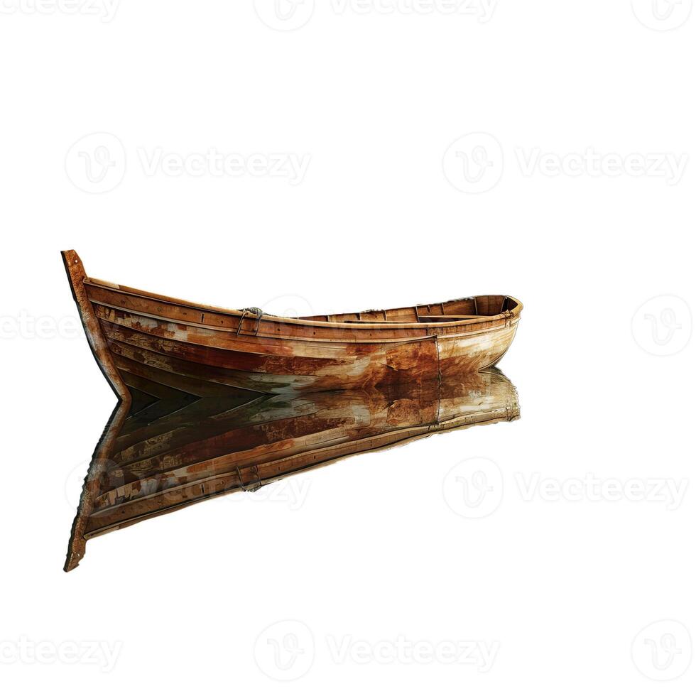Old wooden rowing boat floating on calm water photo