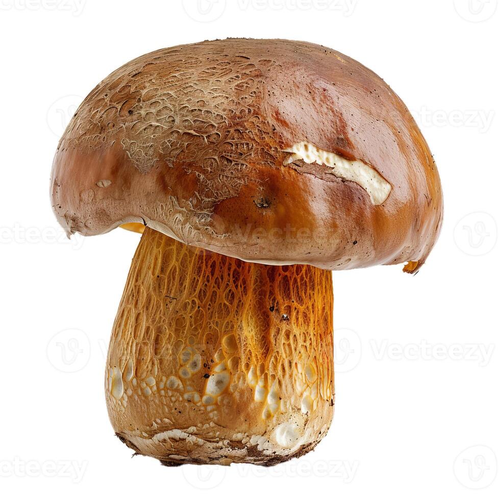 Large brown and orange mushroom standing on white background photo