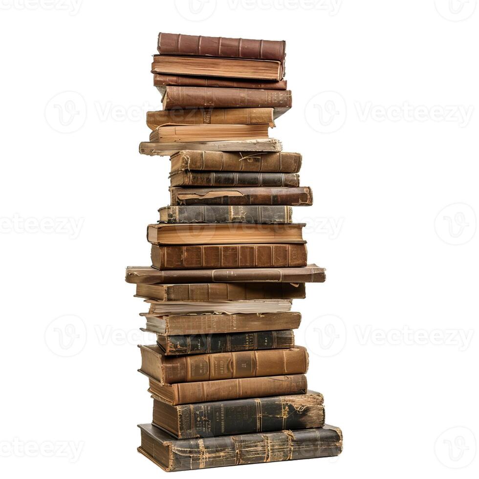 Tall stack of antique books forming tower of knowledge photo