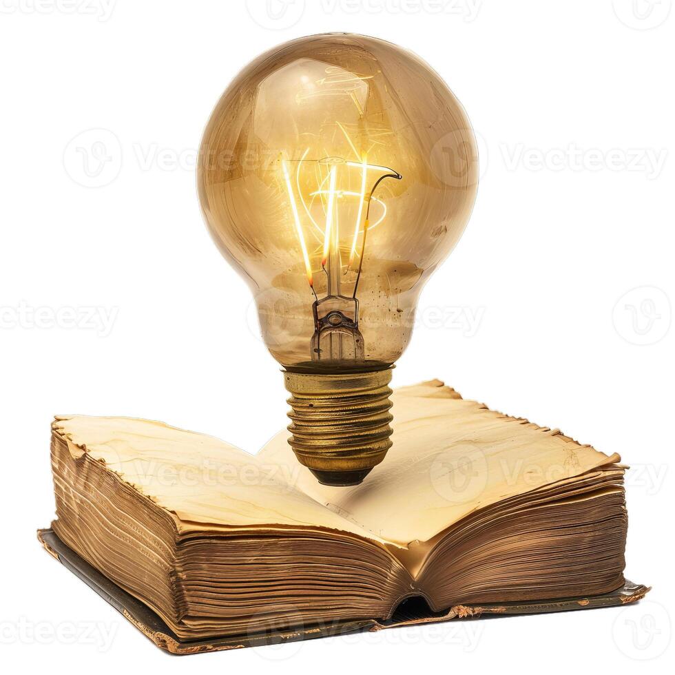 Vintage open book with glowing light bulb floating above photo