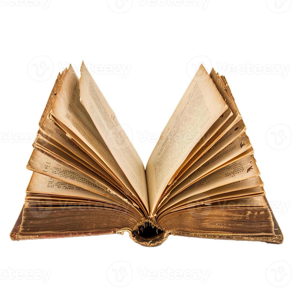 Open antique book with folded pages showing age and time passing photo