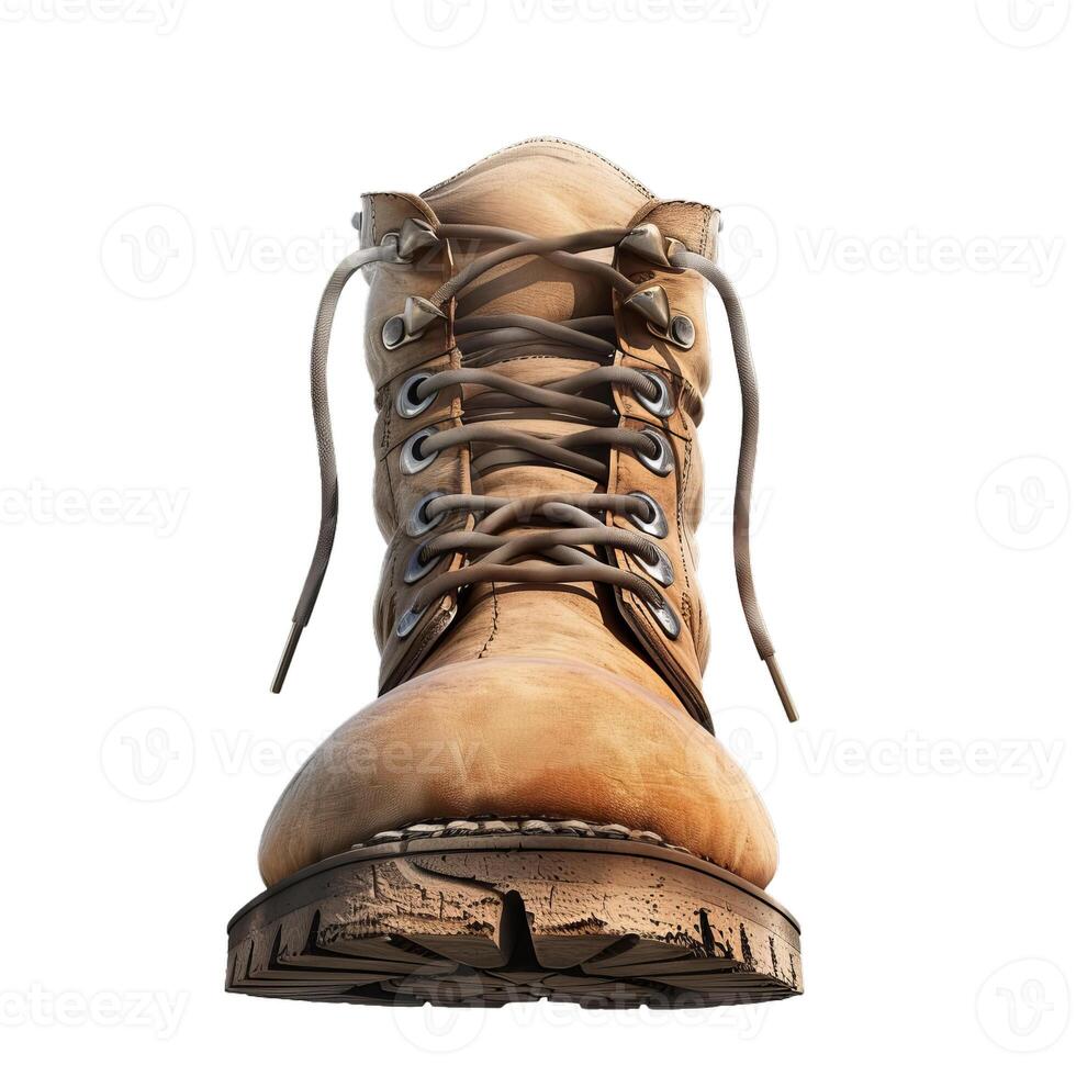 Old brown leather boot standing on white background photo