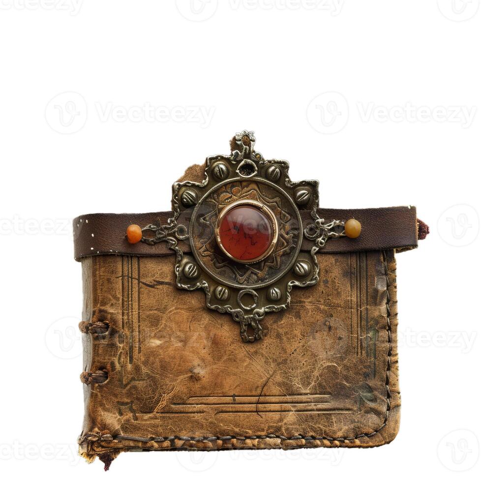Old leather book with metal clasp and red gemstone showing concept of history photo