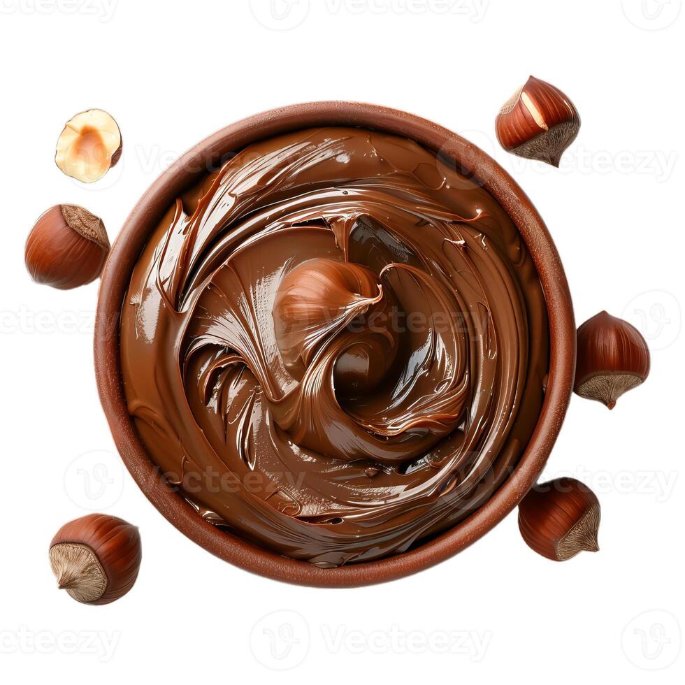 Bowl of chocolate hazelnut spread with hazelnuts around photo