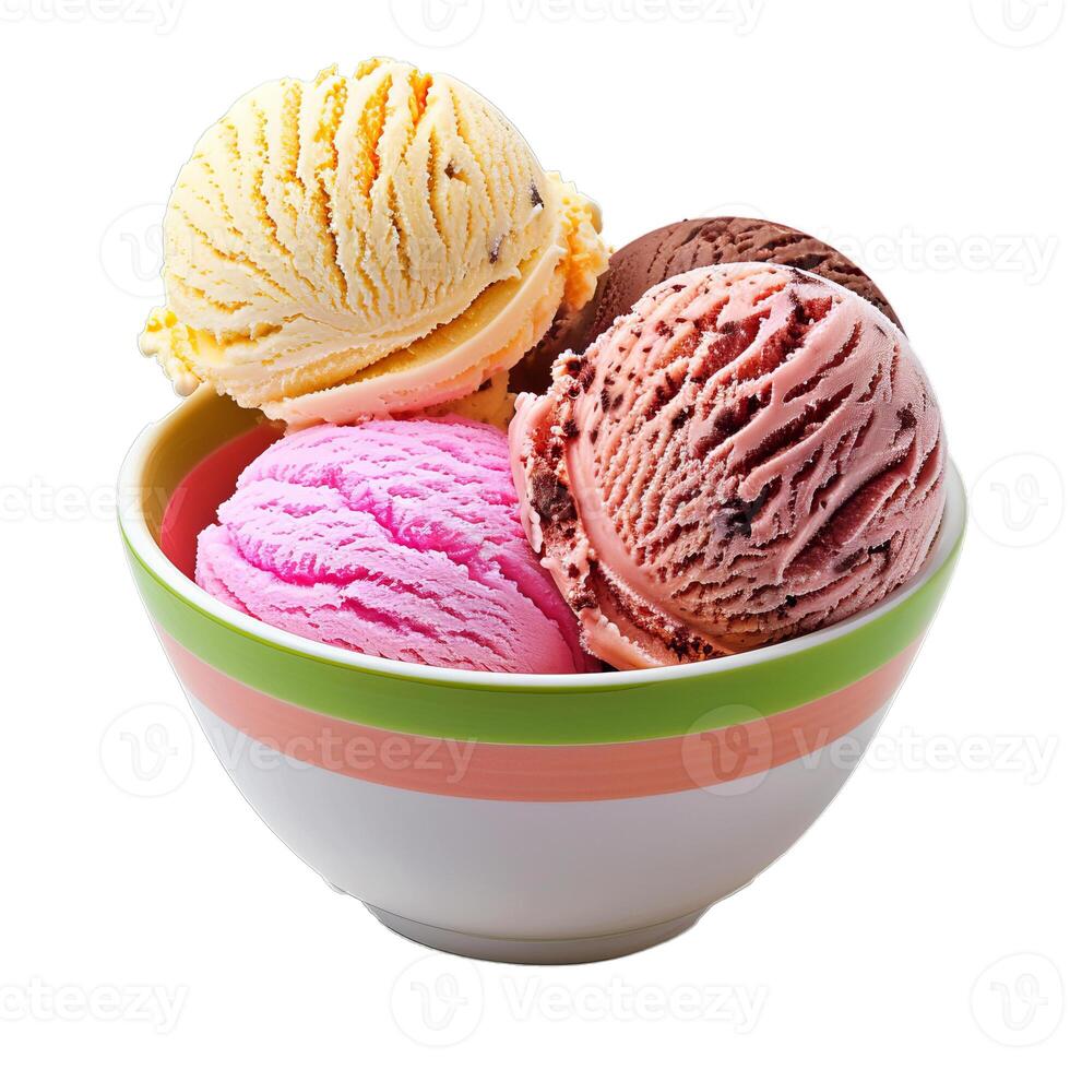 Bowl overflowing with delicious refreshing vanilla chocolate and strawberry ice cream scoops photo