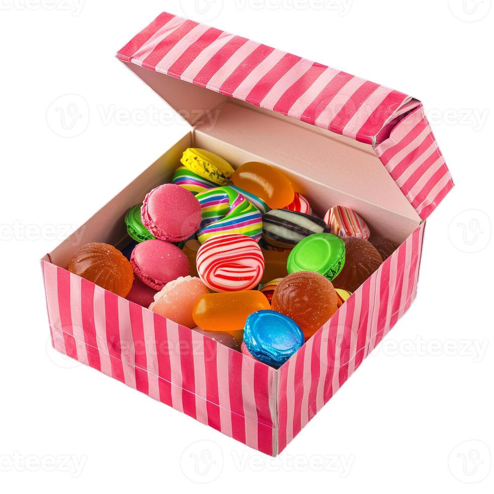 Pink cardboard box overflowing with colorful candies and treats photo