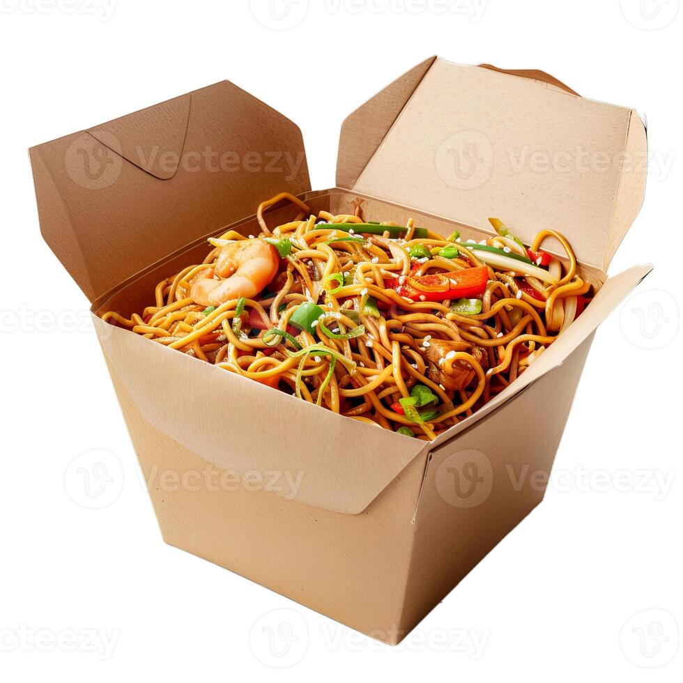 Wok with shrimp and vegetables in take away box on white background photo