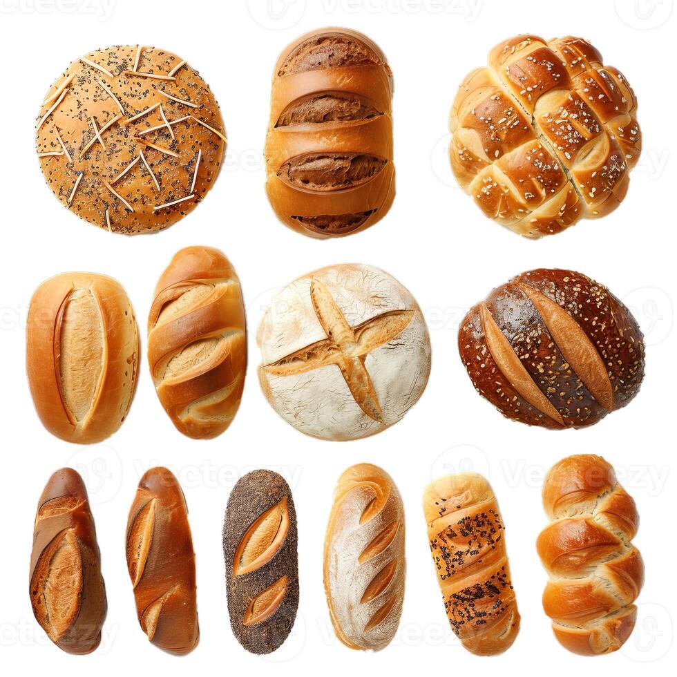 Various loaves of bread forming a pattern on white background photo