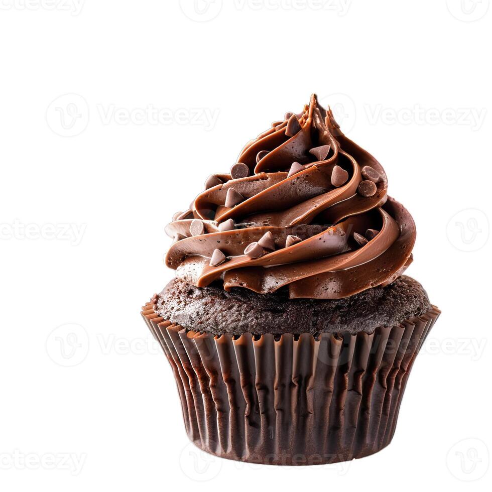 Delicious chocolate cupcake standing on white background photo