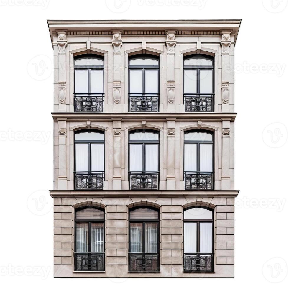 Beautiful classical parisian building facade with many windows and balconies isolated on white photo