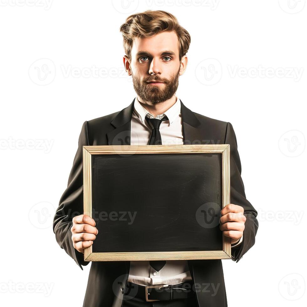 Serious businessman holding empty chalkboard sign on white background photo