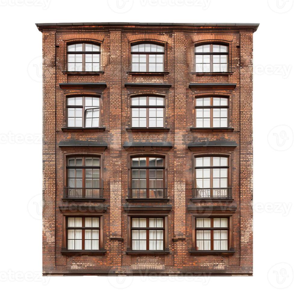 Old brick wall showing multiple windows on building facade photo