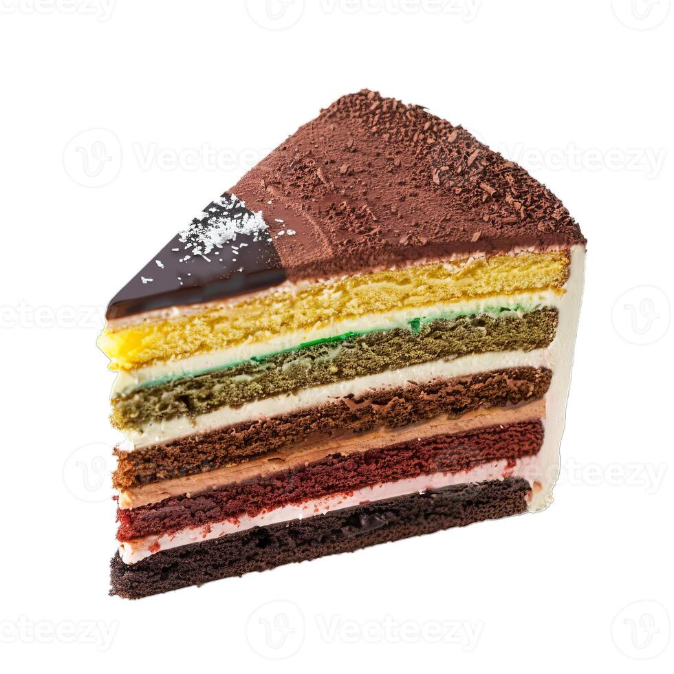This colorful cake with multiple layers is decorated with chocolate and coconut photo