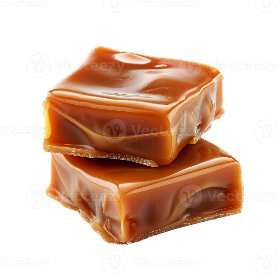 Delicious caramel candies covered in sweet caramel sauce photo