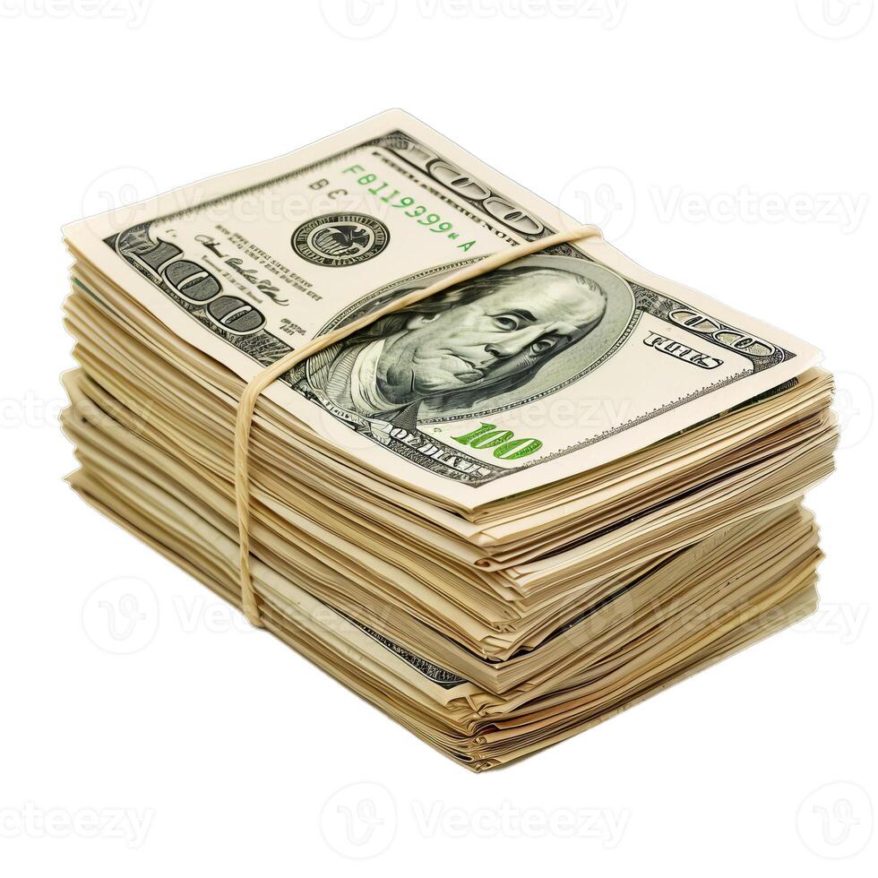 Thick stack of 100 bills is secured with a rubber band photo