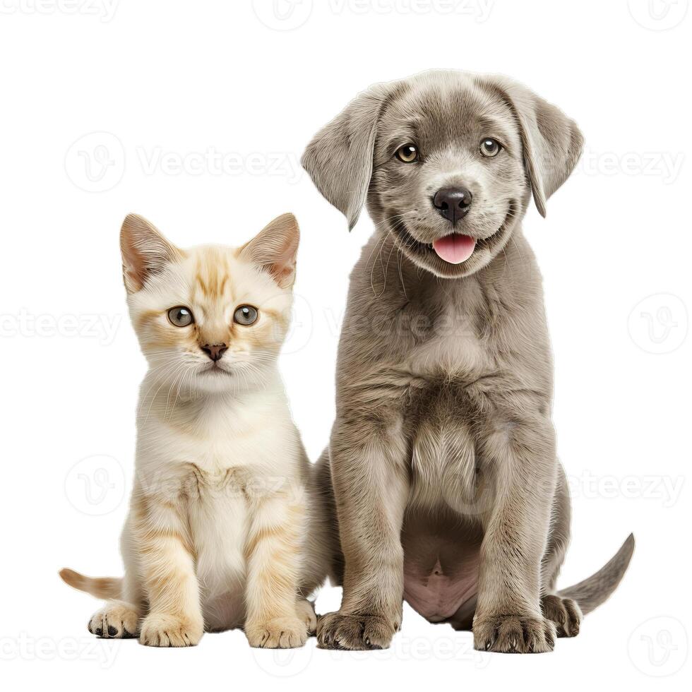 Labrador retriever puppy sitting next to a kitten photo