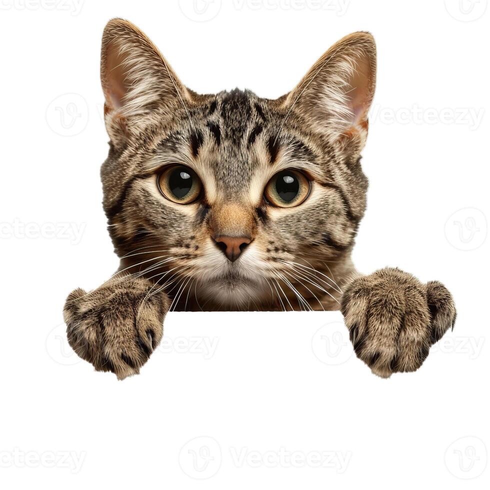 Tabby cat holding a blank sign with paws over edge photo