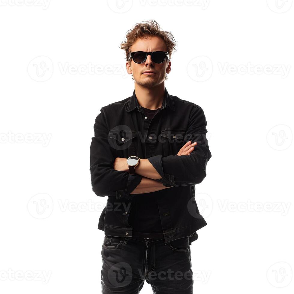 Serious man with sunglasses and crossed arms wearing black clothes on white background photo